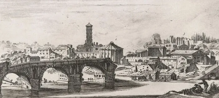 Framed Print : Ancient Rome, Ponte Senatorio, Ponte rotto, Tempio di Vesta, Tempio della Fortuna Virile, Parte dell'antico Palatino, Bridge of Senators, Temple of Vesta, Temple of Fortuna Virilis, Part of the Ancient Palatine, 1748, Italy, Historical