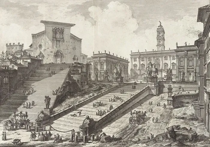 Framed Print : Ancient Rome, Romano Campidoglio con Scalinata che va alla Chiesa d'Araceli, View of the Capitoline Hill with the Stairs Leading to the Church of Santa Maria d'Aracoeli, 1770, Italy, Historical