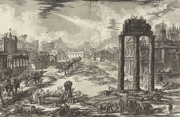 Ancient Rome, View of Campo Vaccino, the Roman Forum with the Temple of Castor and Pollux on the right, 1770, Italy, Historic, digitally restored reproduction from an original of the period