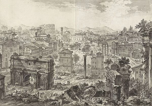 Ancient Rome, view of Campo Vaccino, c. 1750. In the centre of the picture you can see the elm line that connected the Arch of Septimius Severus with the Arch of Titus in the background