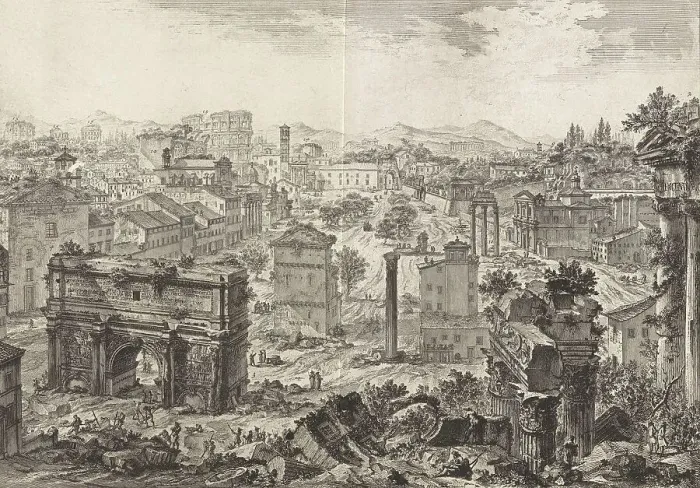 Framed Print : Ancient Rome, view of Campo Vaccino, c. 1750. In the centre of the picture you can see the elm line that connected the Arch of Septimius Severus with the Arch of Titus in the background Framed Print : Ancient Rome, view of Campo Vaccino, c. 1750. In the centre of the picture you can see the elm line that connected the Arch of Septimius Severus with the Arch of Titus in the background