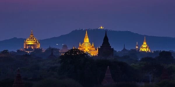 Ancient temples in old Bagan after sunset