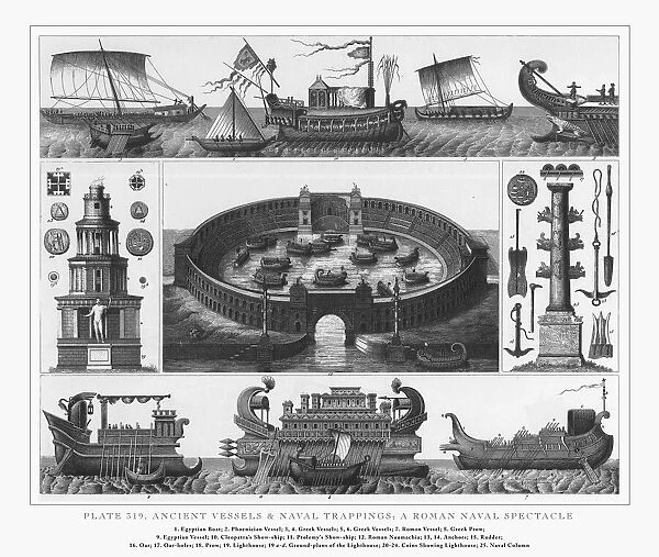 Ancient Vessels and Naval Trappings Engraving, 1851
