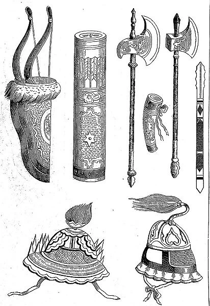 Ancient Weapons, after an original Chinese drawing, China, in the year 1800, Historical, digital reproduction of an original 19th century artwork