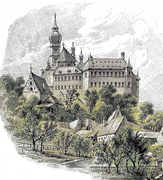 Andechs Monastery in 1875, Bavaria, Germany, digitally restored reproduction of an original 19th century painting, exact original date not known