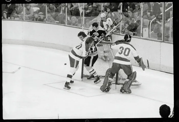 Framed Print : Andre Savard and Tom Reid Playing Ice Hockey
