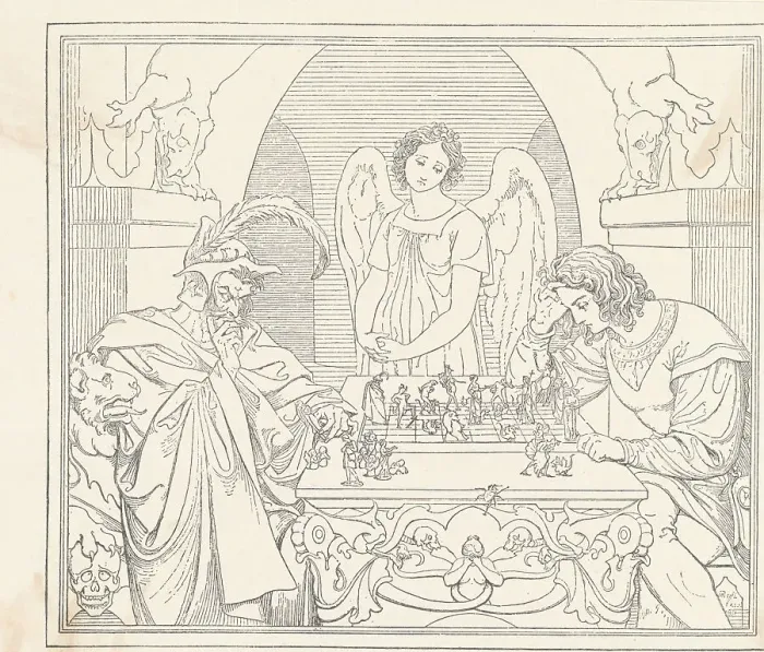 Framed Print : Angelic Figure Watching Two Men in Chess like Game Framed Print : Angelic Figure Watching Two Men in Chess like Game