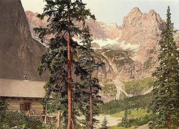 Angerhuette and Hockwanner, Hoellental, Upper Bavaria, Bavaria, Germany, Historic, digitally restored reproduction of a photochrome print from the 1890s