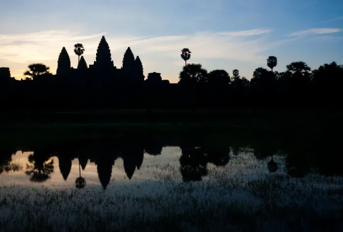 Framed Print : Angkor Temple Silhouette Puddle Grass Framed Print : Angkor Temple Silhouette Puddle Grass