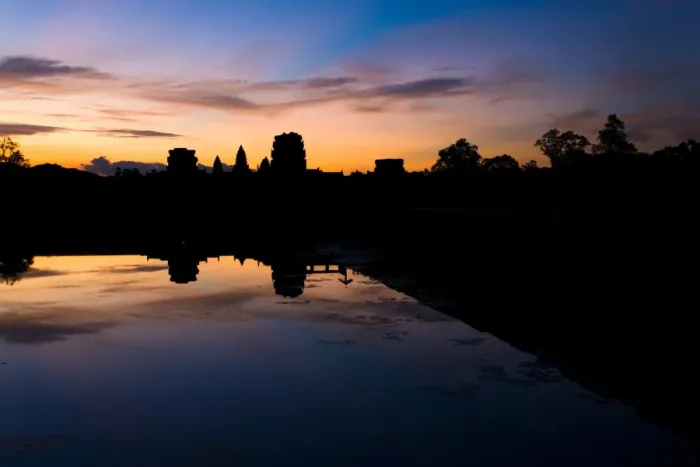 Framed Print : Angkor Temple Silhouette Sunrise Off-Center