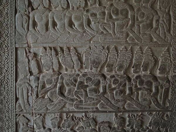 Angkor Wat stone carvings depicting apsara dancers, Siem Reap, Cambodia