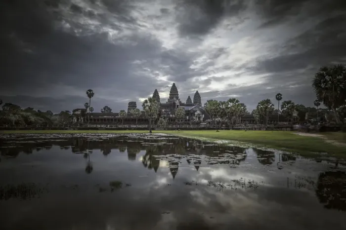 Framed Print : Angkor Wat temple at dawn reflected in water