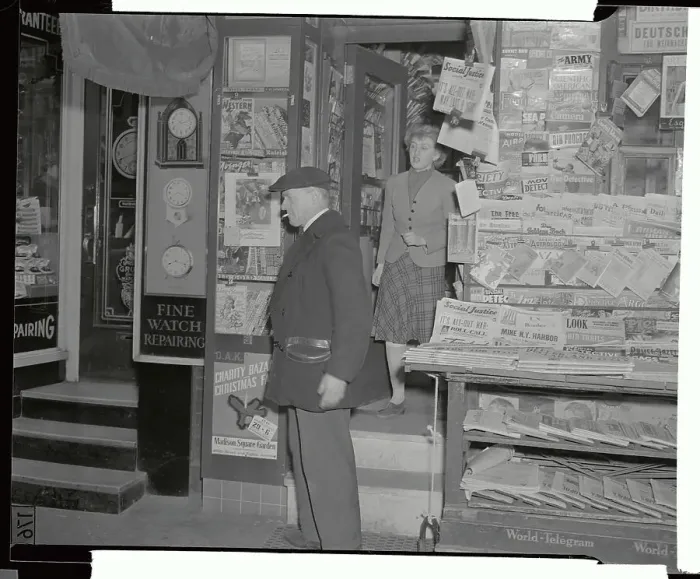 Framed Print : Angry Owner Standing by Newsstand Framed Print : Angry Owner Standing by Newsstand