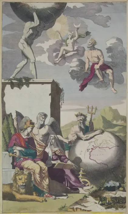 Framed Print : animal likeness, antique, art, clouds, deities, depicting, engraving, figures, geography