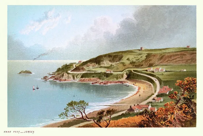 Framed Print : Anne Port, Jersey, Channel Islands, Beach, Cove, Cottages, Victorian landscape art 19th Century