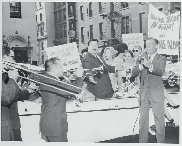 Framed Print : Announcer with Comedian Jackie Gleason and Cast Leaving for Station