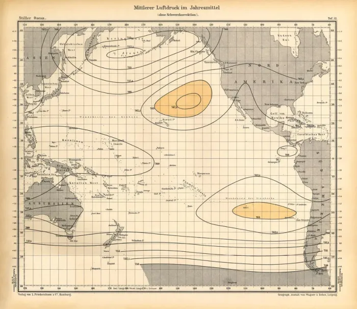 Framed Print : Annual Mean Air Pressure Chart, Pacific Ocean, German Antique Victorian Engraving, 1896 Framed Print : Annual Mean Air Pressure Chart, Pacific Ocean, German Antique Victorian Engraving, 1896