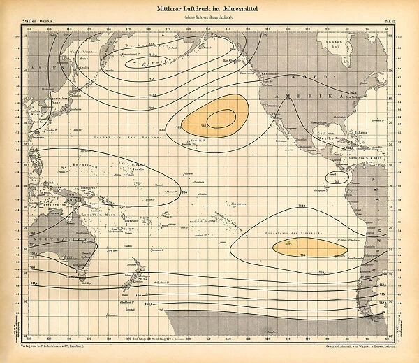 Annual Mean Air Pressure Chart, Pacific Ocean, German Antique Victorian Engraving, 1896