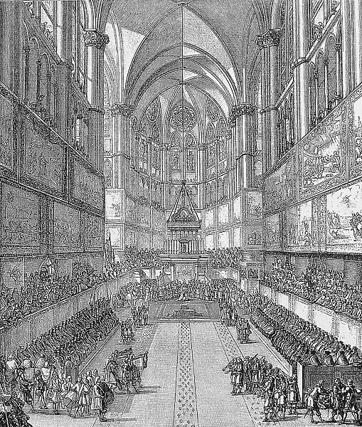 Anointing of King Louis XIV in Reims Cathedral, Navarre, digitally restored reproduction of an original 19th century, France, Louis XIV, 5 September 1638, 1 September 1715