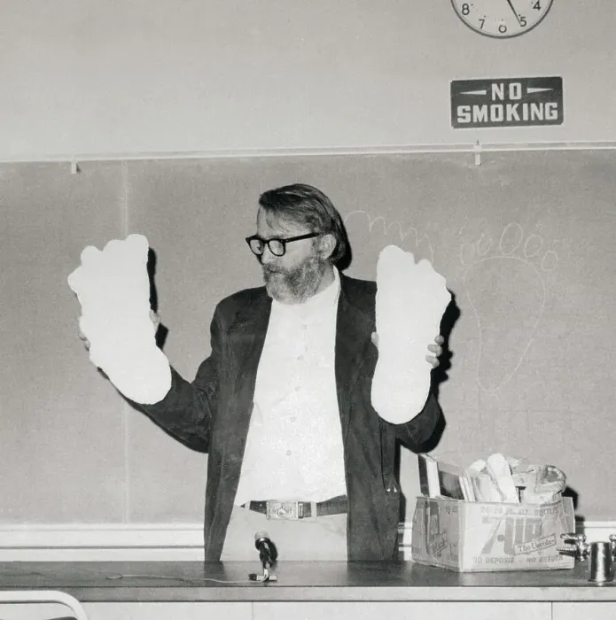 Framed Print : Anthropologist Grover Krantz Holding up Sasquatch Prints Framed Print : Anthropologist Grover Krantz Holding up Sasquatch Prints