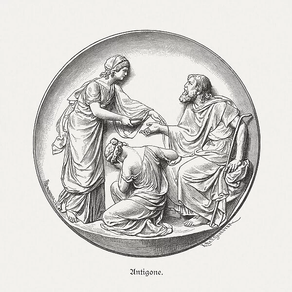 Antigone, Ismene, and Oedipus, Greek mythology, wood engraving, published 1879