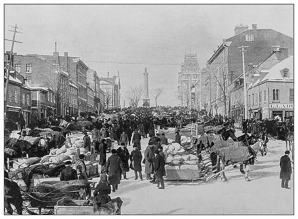 Antique black and white photo: Market Day, Jacques Cartier Square, Montreal, Canada