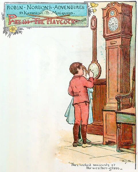 Antique children book illustrations: Children with pendulum clock