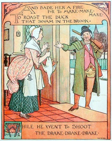Antique children book illustrations: Hunter giving duck to wife