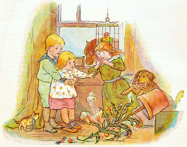 Antique children book illustrations: Christmas tree on fire