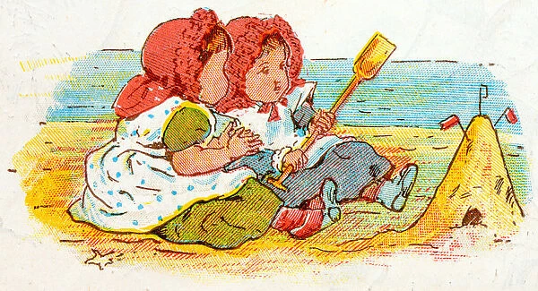 Antique children book illustrations: Children at the beach