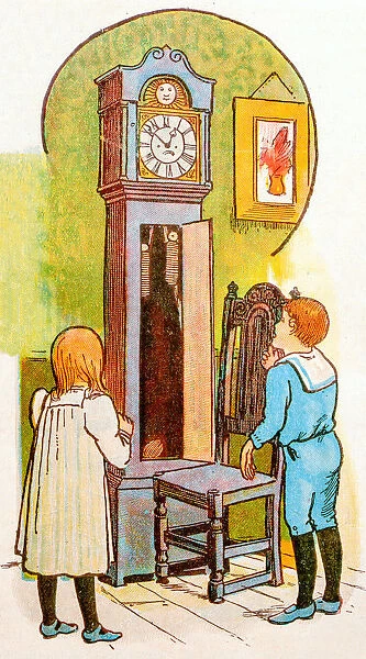 Antique children book illustrations: People and pendulum clock