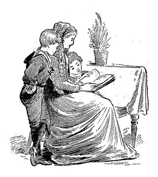 Antique children book illustrations: Woman reading to children