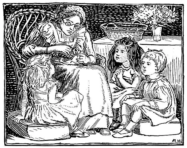 Antique children book illustrations: Woman and children