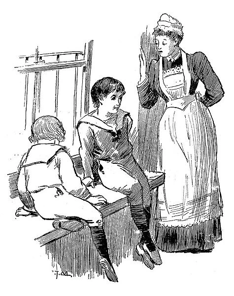 Antique children book illustrations: Maid and children