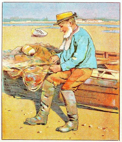 Antique children book illustrations: Old fisherman