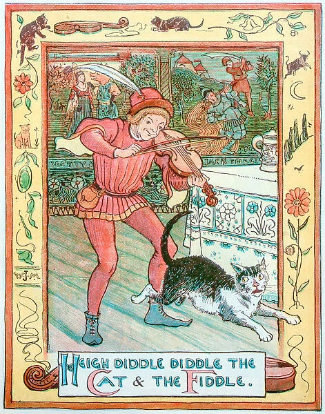 Antique children book illustrations: Violin player and cat