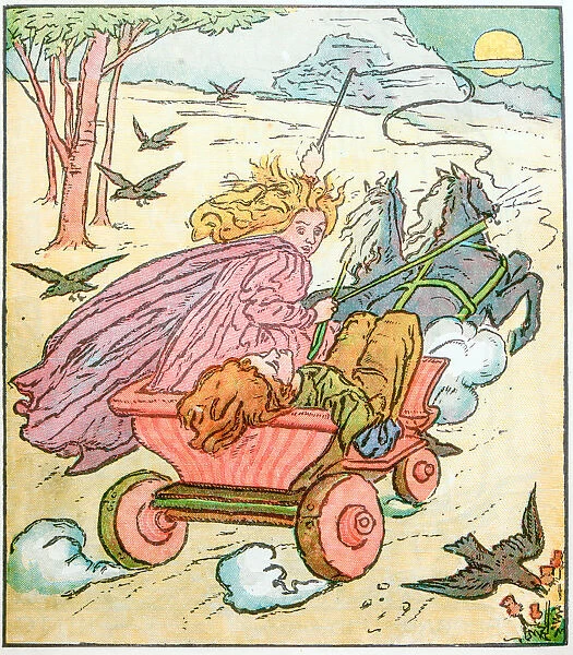 Antique children book illustrations: Woman on carriage