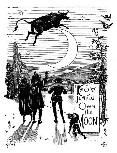 Antique children book illustrations: The cow jumped over the moon