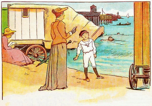 Antique children book illustrations: Woman and boy at sea