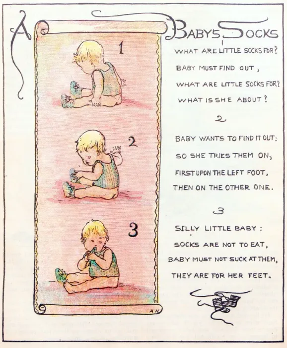 Framed Print : Antique children book illustrations: Baby socks