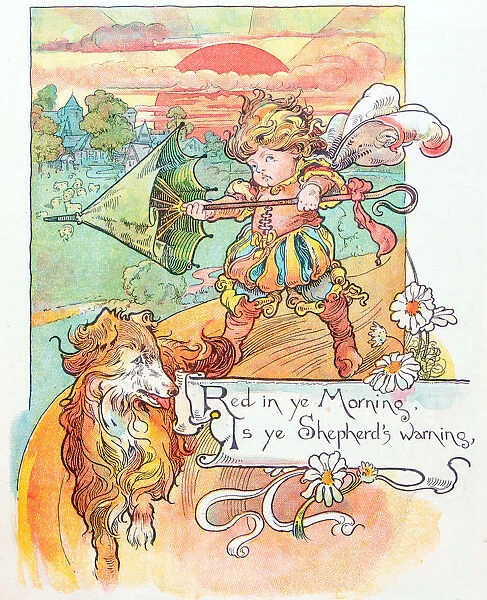 Antique children book illustrations: Boy with umbrella