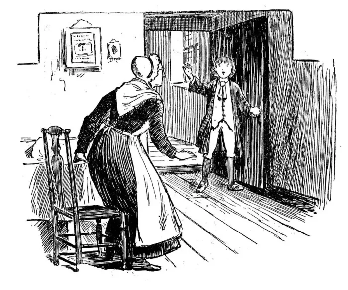 Framed Print : Antique children book illustrations: Boy and woman Framed Print : Antique children book illustrations: Boy and woman