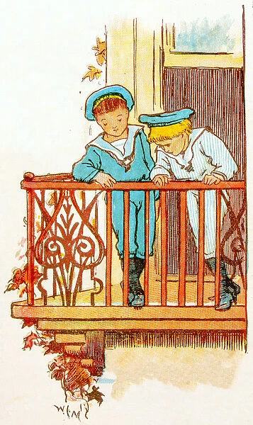 Antique children book illustrations: Boys on balcony