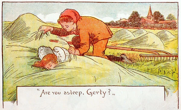 Antique children book illustrations: Children in hay