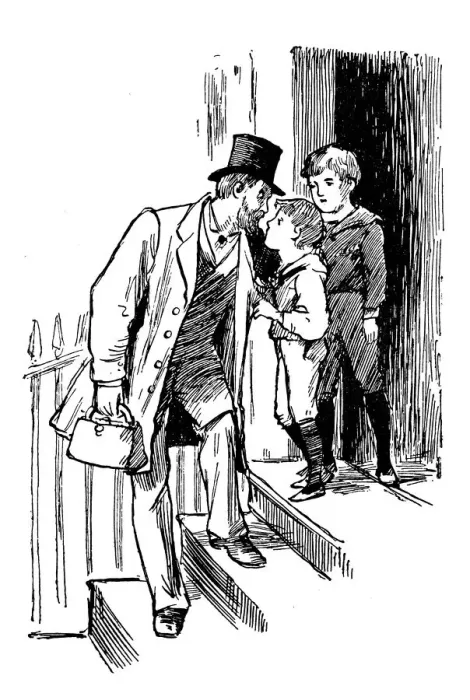 Framed Print : Antique children book illustrations: Father leaving Framed Print : Antique children book illustrations: Father leaving