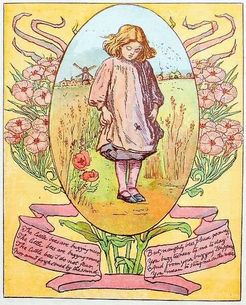 Antique children book illustrations: Girl and bee
