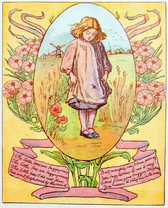 Framed Print : Antique children book illustrations: Girl and bee