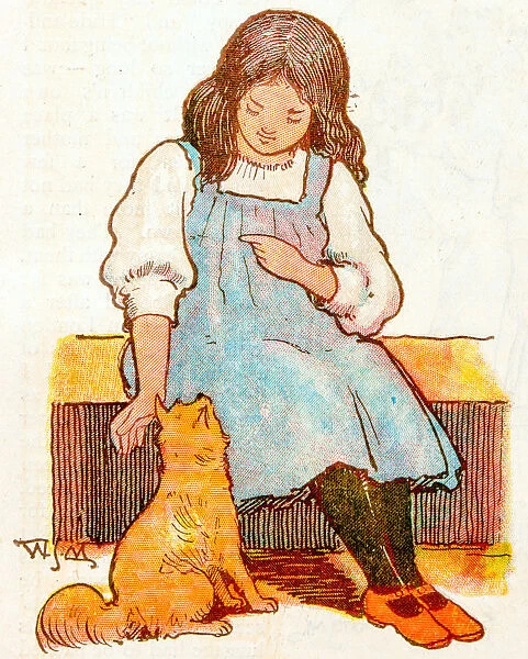 Antique children book illustrations: Girl and cat