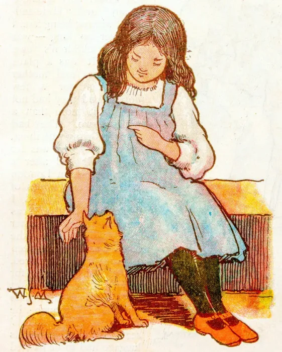 Framed Print : Antique children book illustrations: Girl and cat Framed Print : Antique children book illustrations: Girl and cat