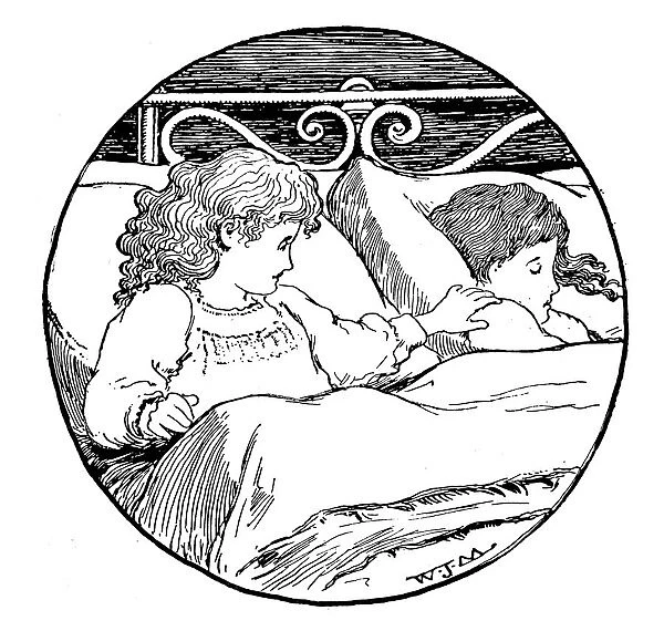 Antique children book illustrations: Girls in bed
